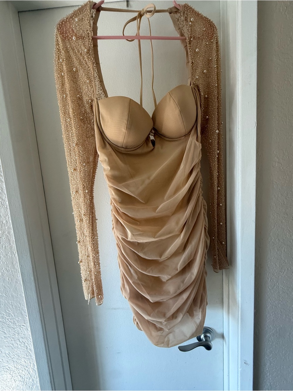 oh polly Beaded Long-Sleeve Ruched Nude Cocktail Dress